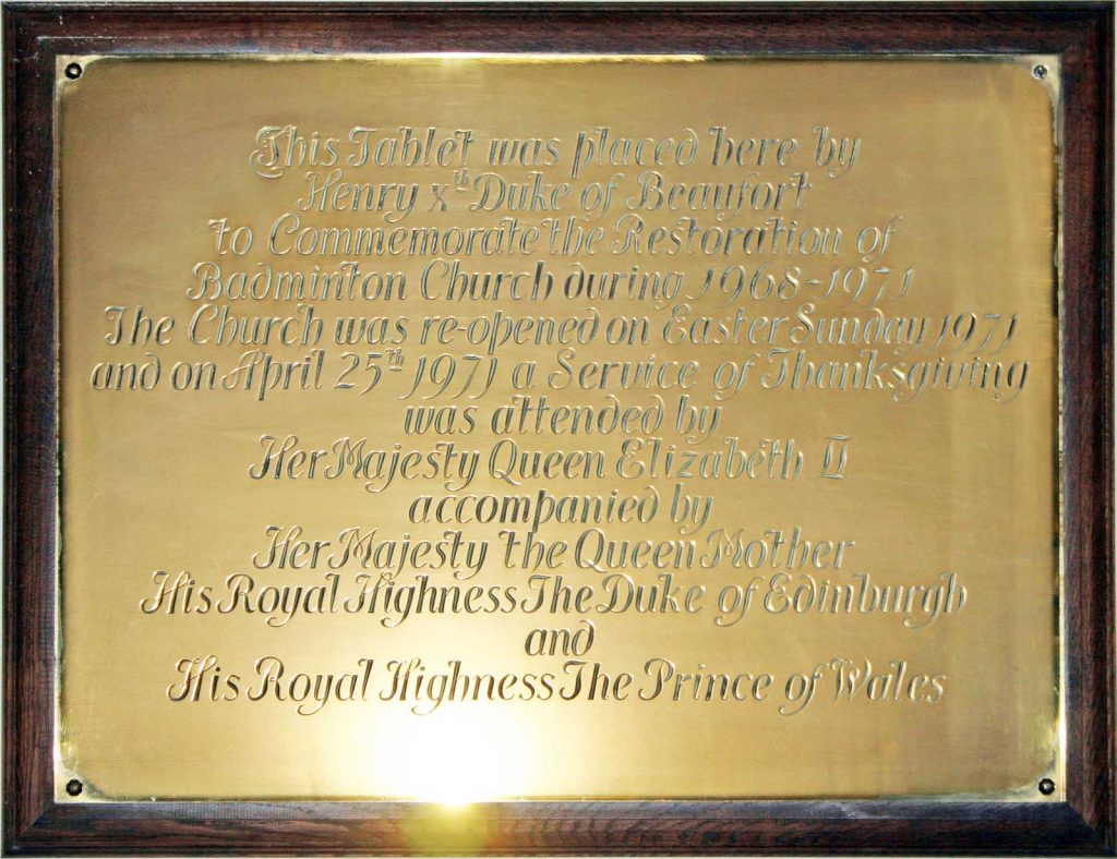 Brass plaque to Commemorate the 1971 Restoration of Great Badminton